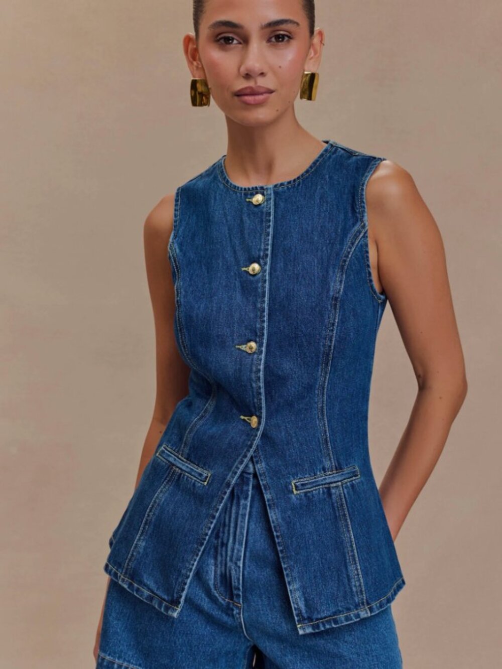 Meshki ABEL Denim Button Up Sleeveless Top - Dark Blue, Size Small